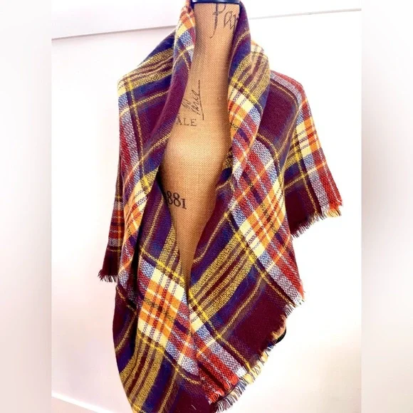 NEW Elegant Cool Weather Square Scarf Wrap, Plum Gold Plaid, Super Soft! - Picture 2 of 10